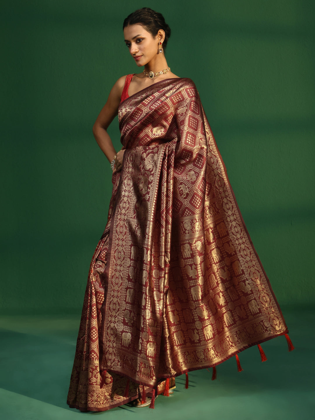  Libas Cardinal Red Brocade Saree with Elephant Motifs 