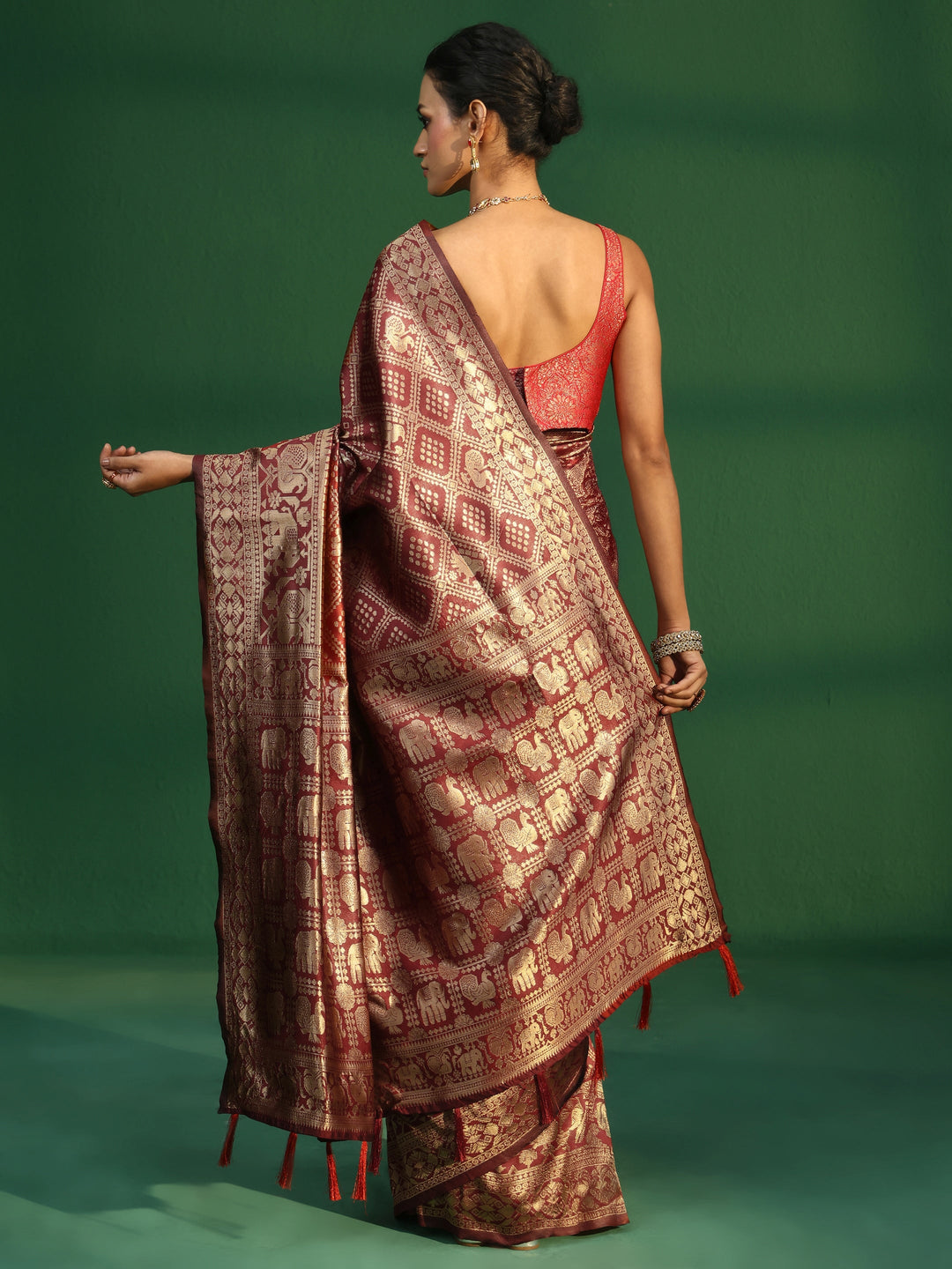  Libas Cardinal Red Brocade Saree with Elephant Motifs 