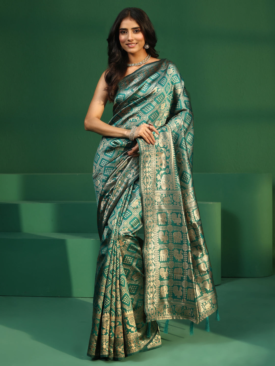  Libas Teal Green Brocade Saree with Elephant Motifs 