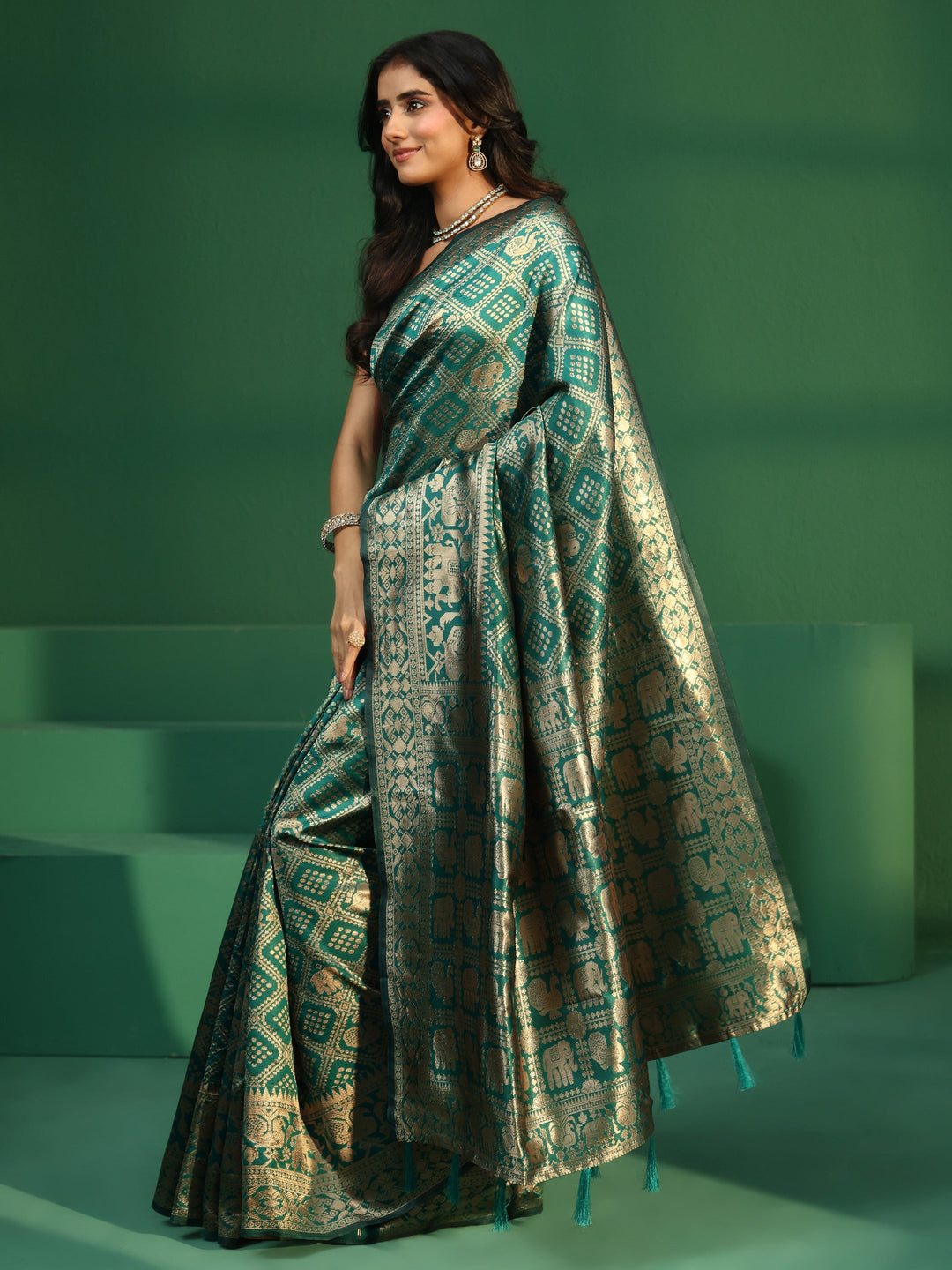  Libas Teal Green Brocade Saree with Elephant Motifs 