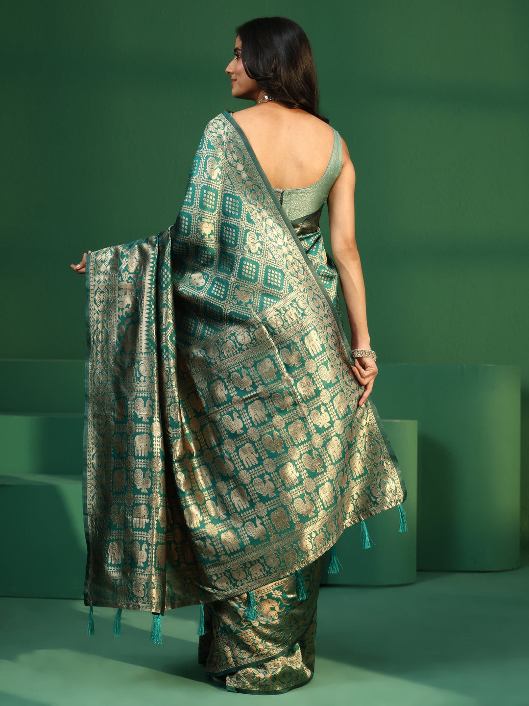  Libas Teal Green Brocade Saree with Elephant Motifs 