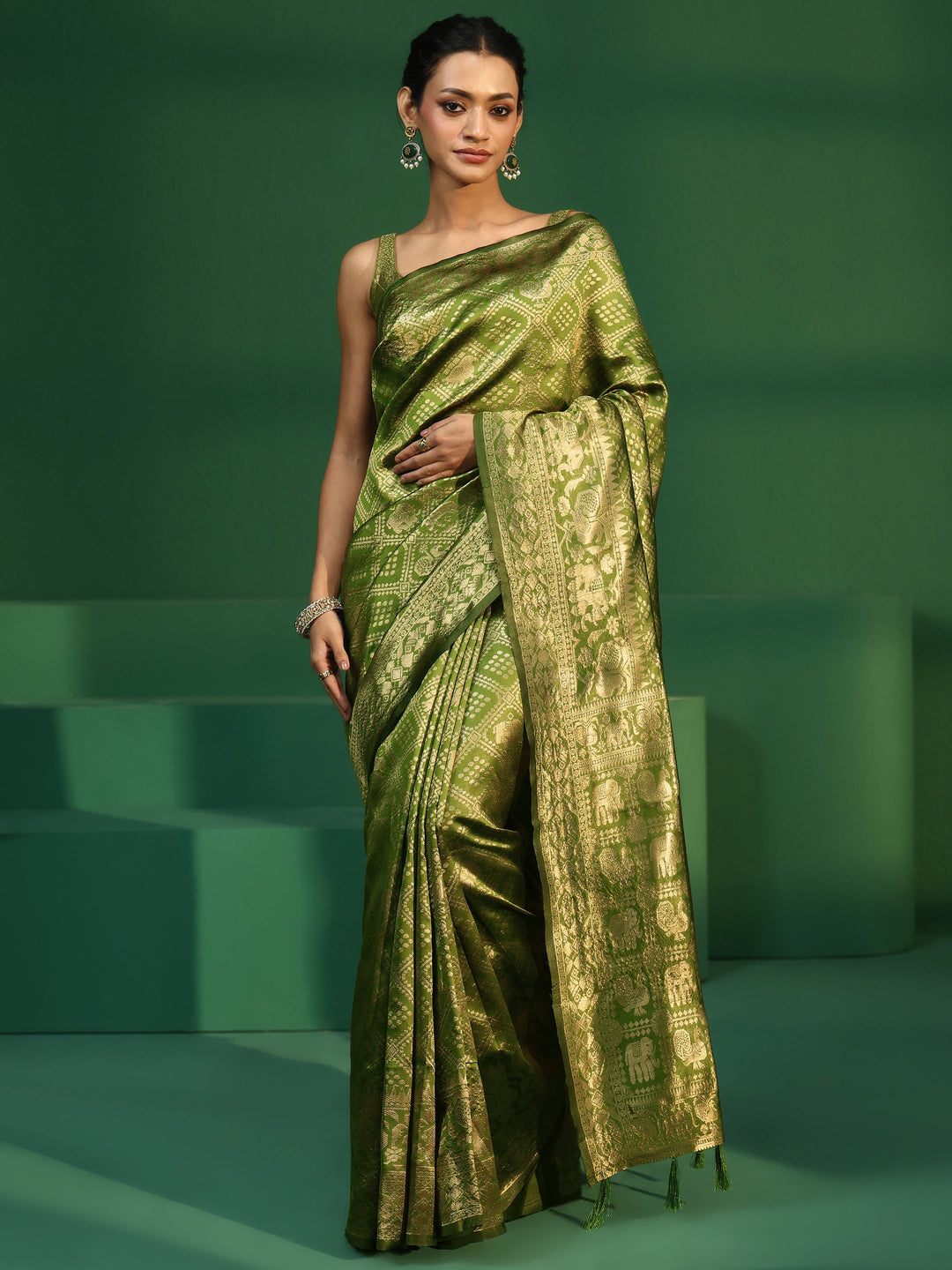  Libas Leaf Green Brocade Saree with Elephant Motifs 