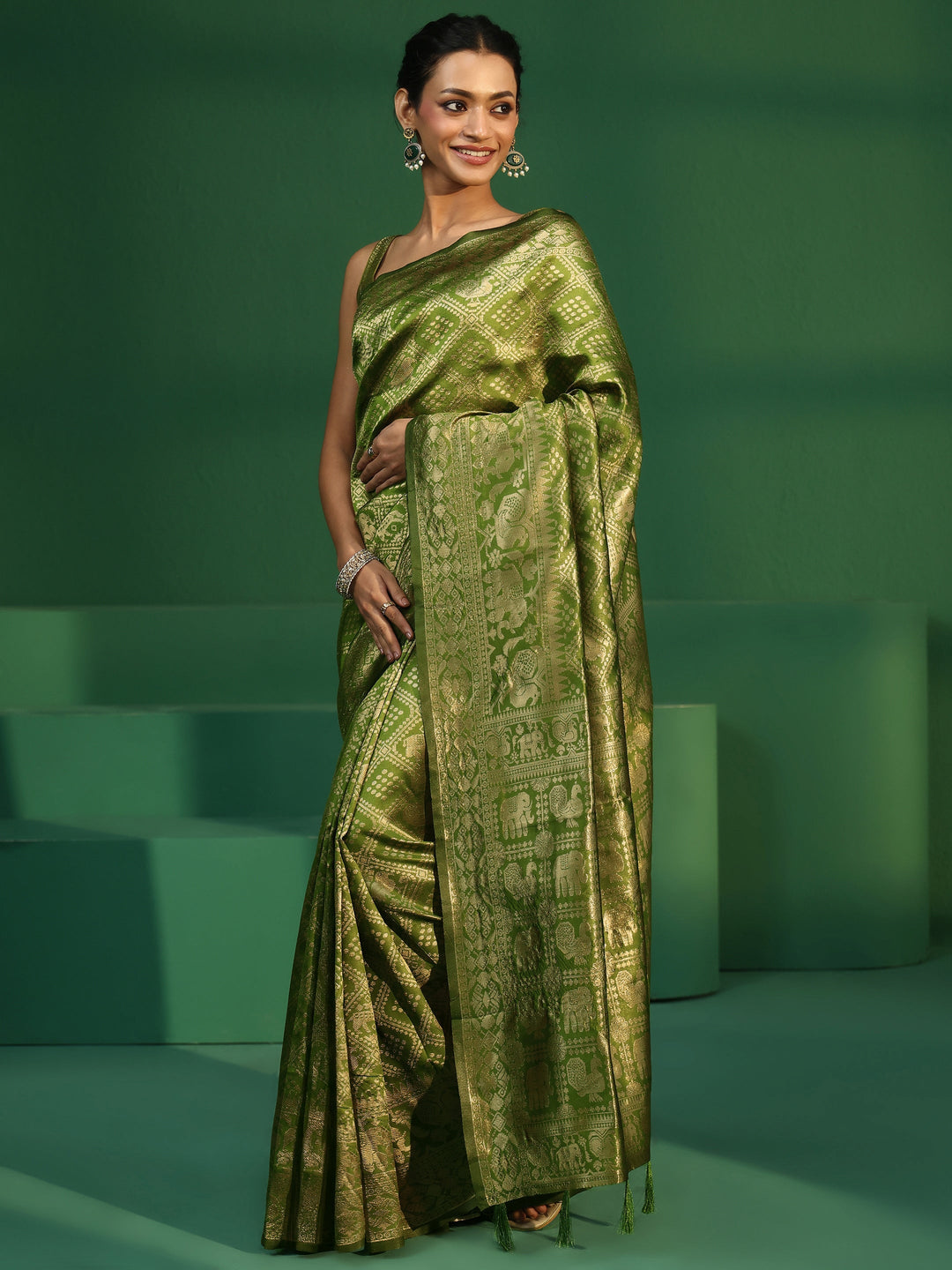  Libas Leaf Green Brocade Saree with Elephant Motifs 