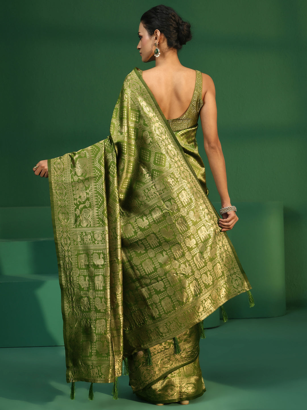  Libas Leaf Green Brocade Saree with Elephant Motifs 