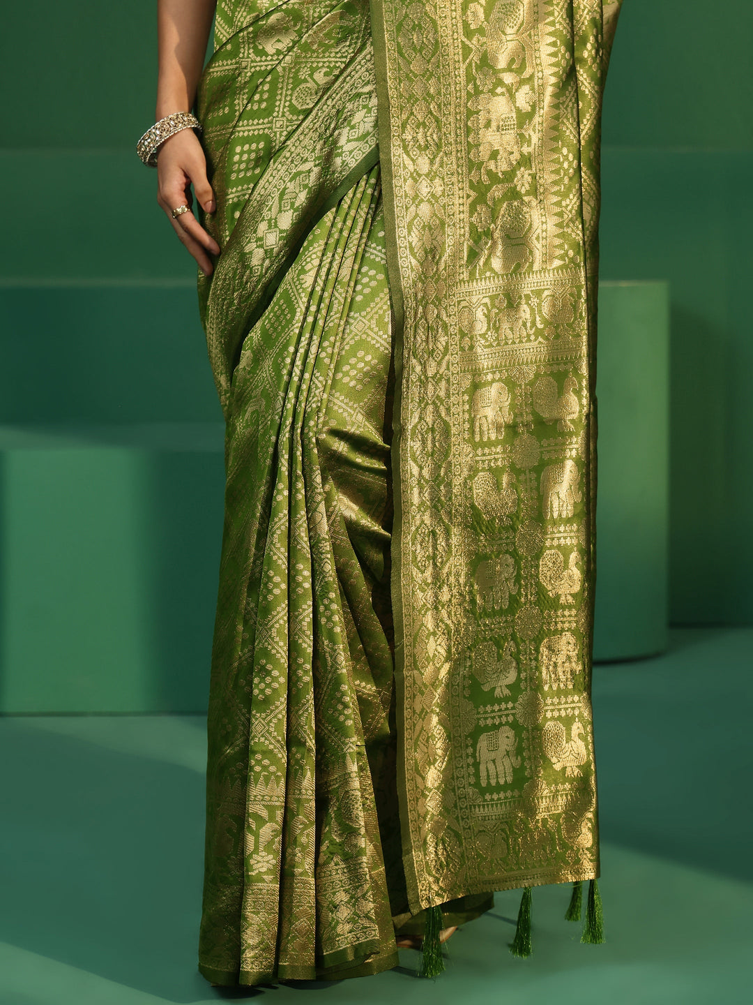 Libas Leaf Green Brocade Saree with Elephant Motifs 
