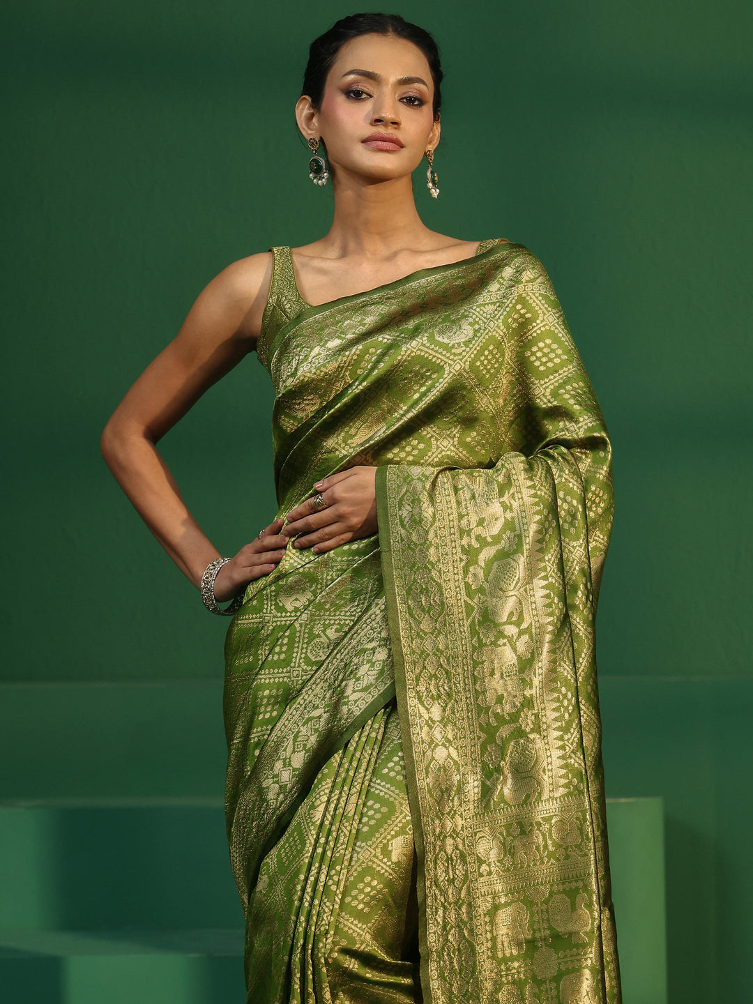  Libas Leaf Green Brocade Saree with Elephant Motifs 