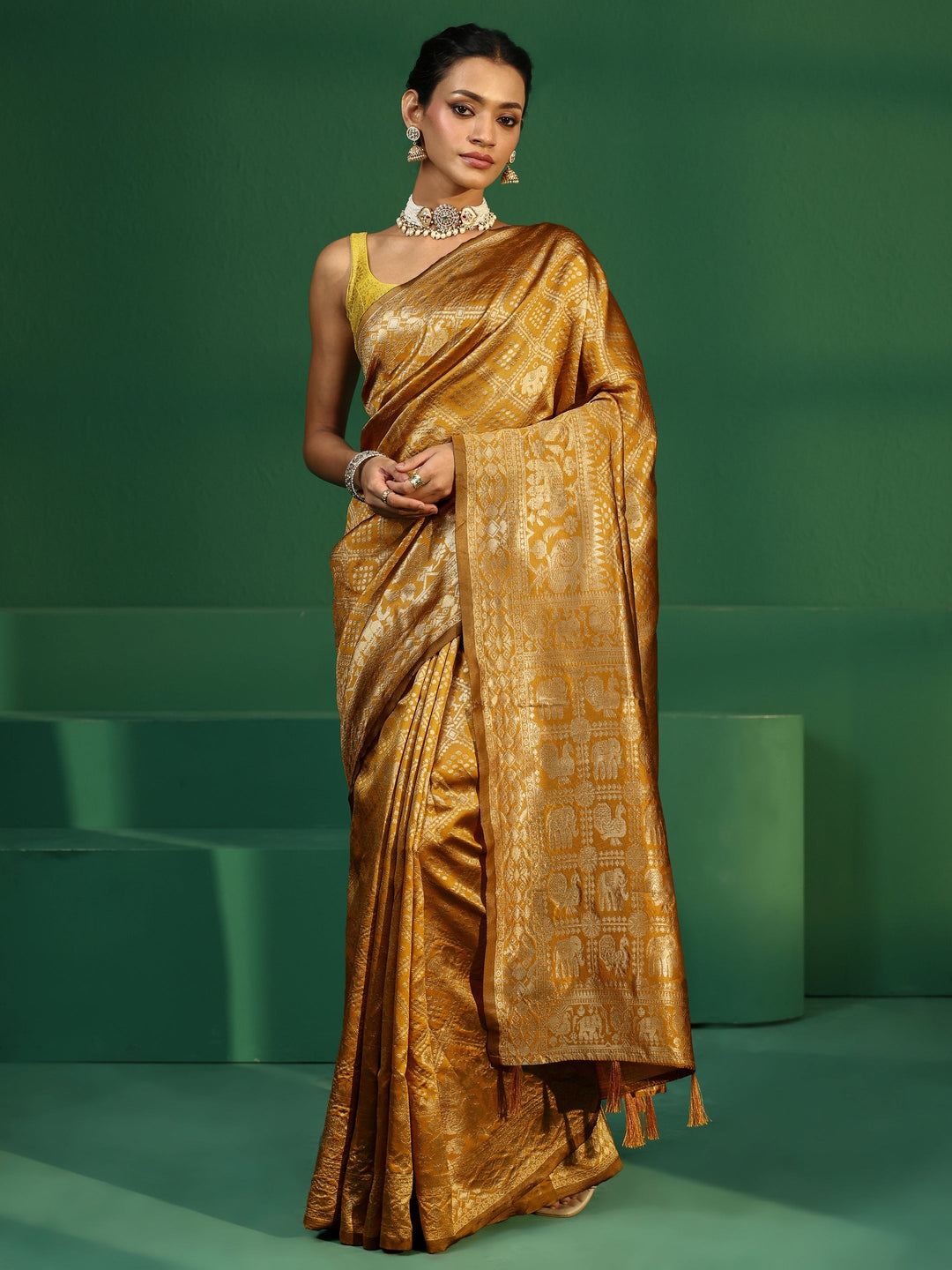  Libas Mustard Brocade Saree with Elephant Motifs 