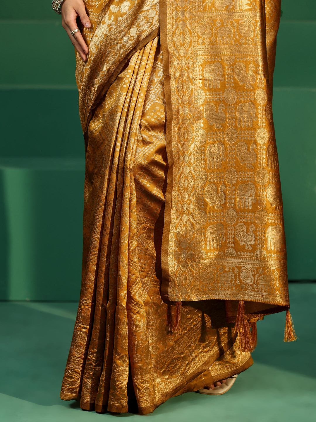  Libas Mustard Brocade Saree with Elephant Motifs 