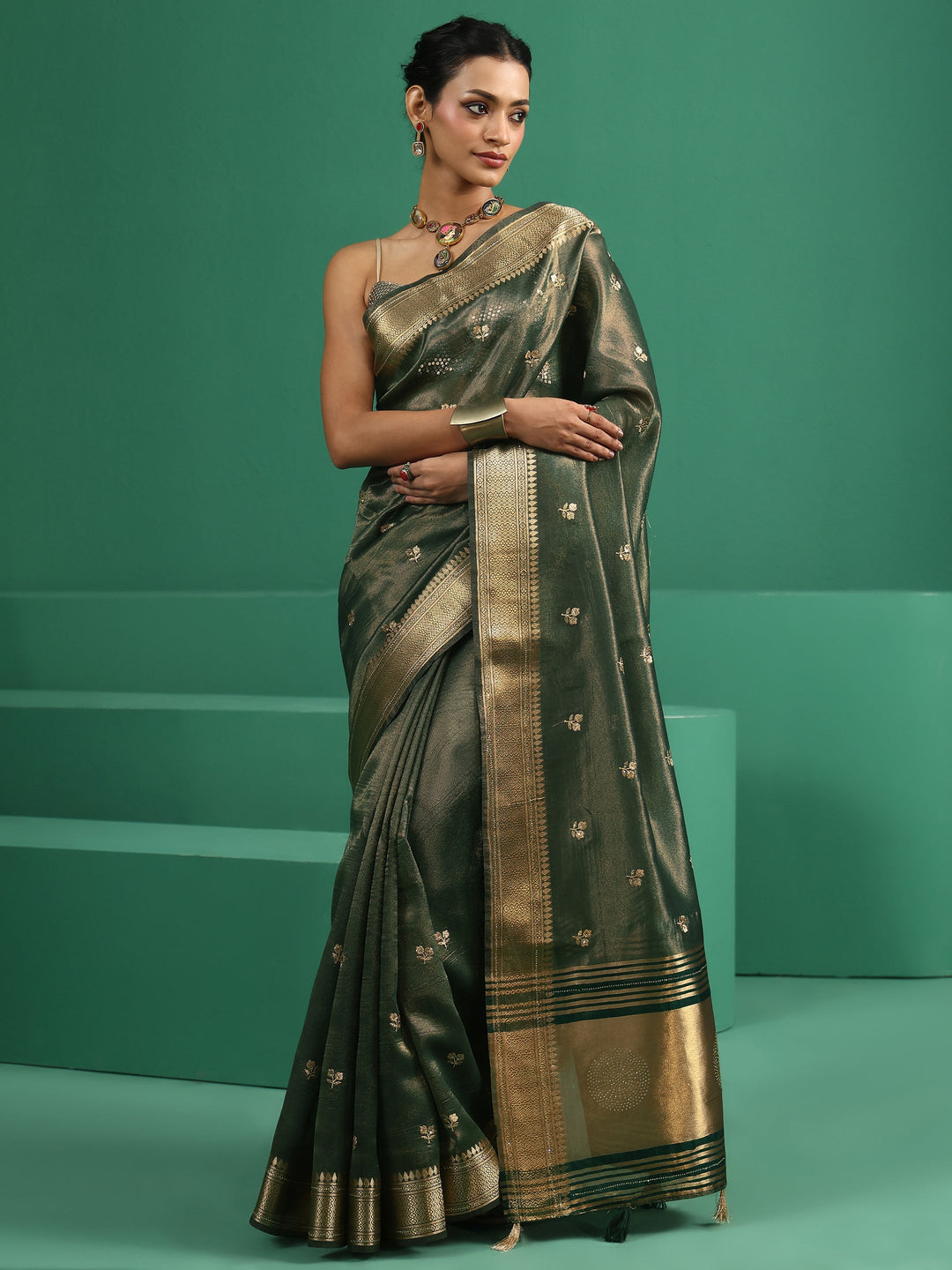  Libas Green Floral Embroidered Tissue Saree 