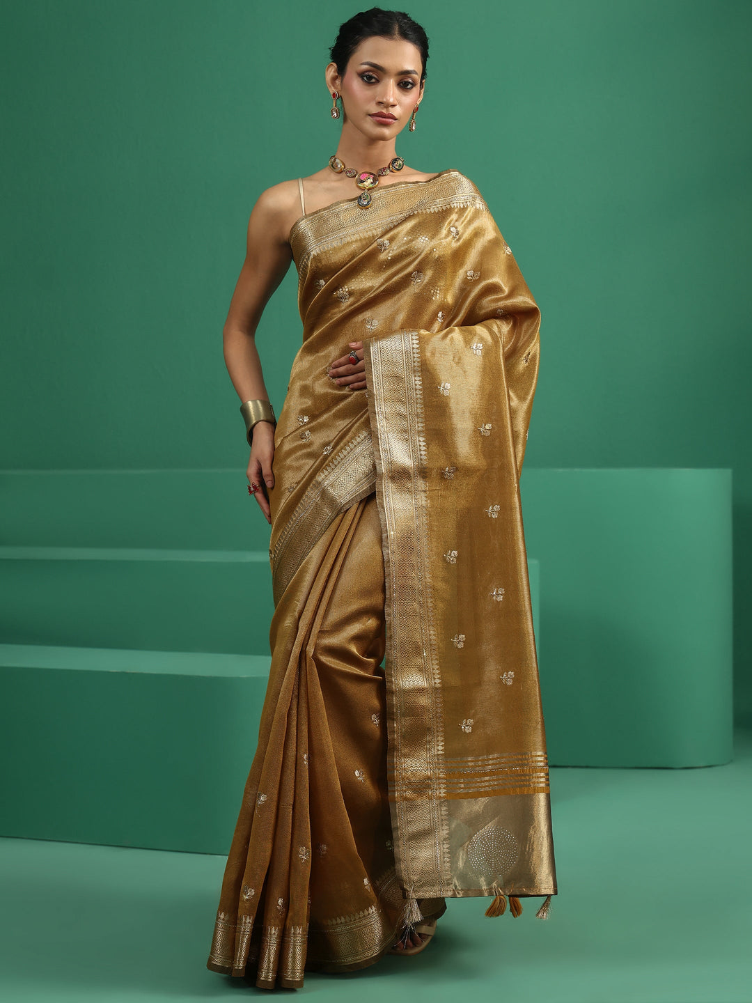  Libas Mustard Floral Embroidered Tissue Saree 