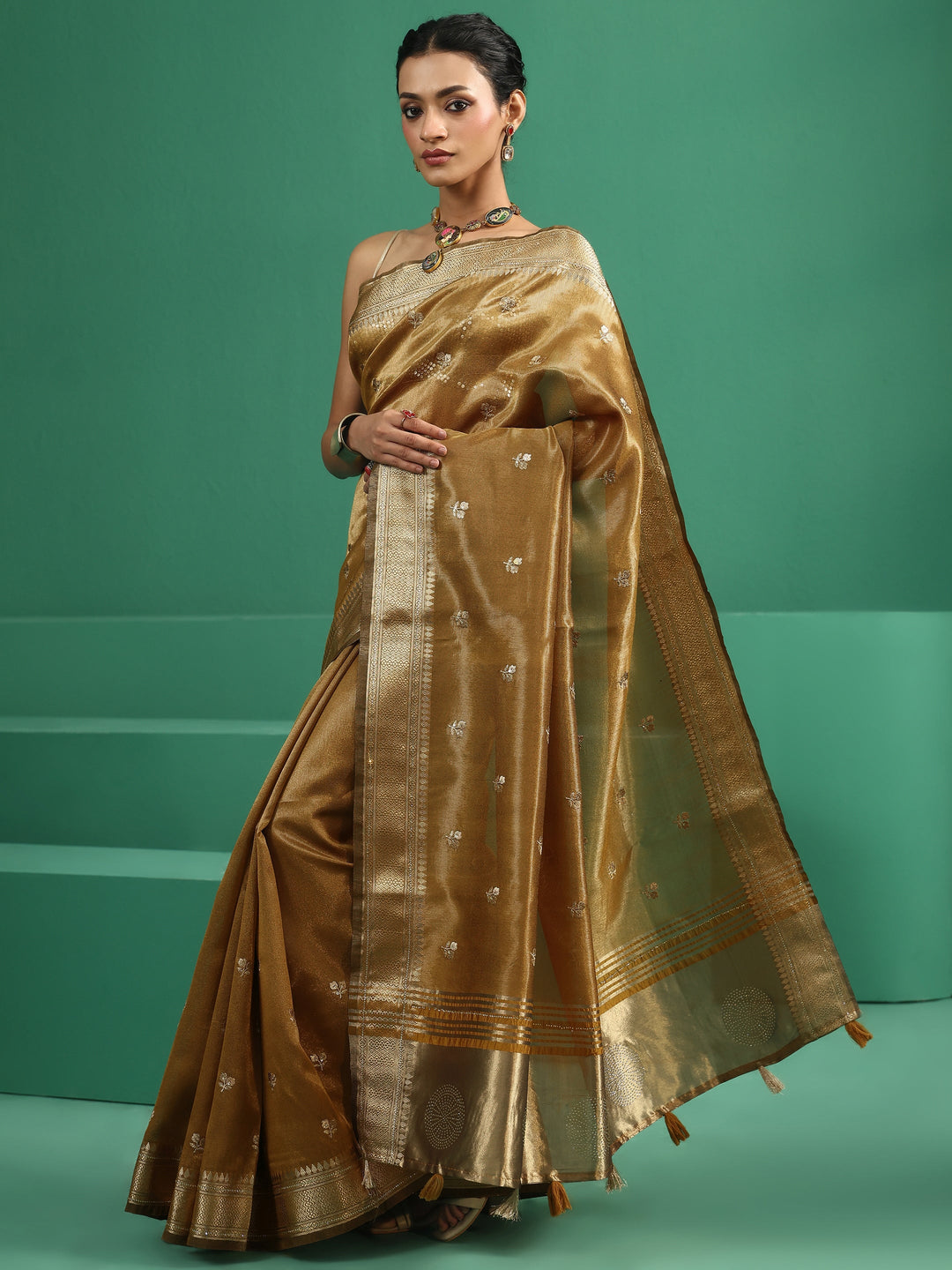  Libas Mustard Floral Embroidered Tissue Saree 