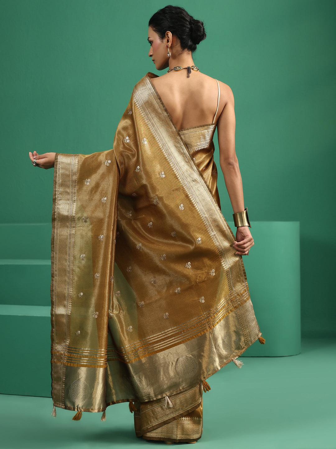  Libas Mustard Floral Embroidered Tissue Saree 