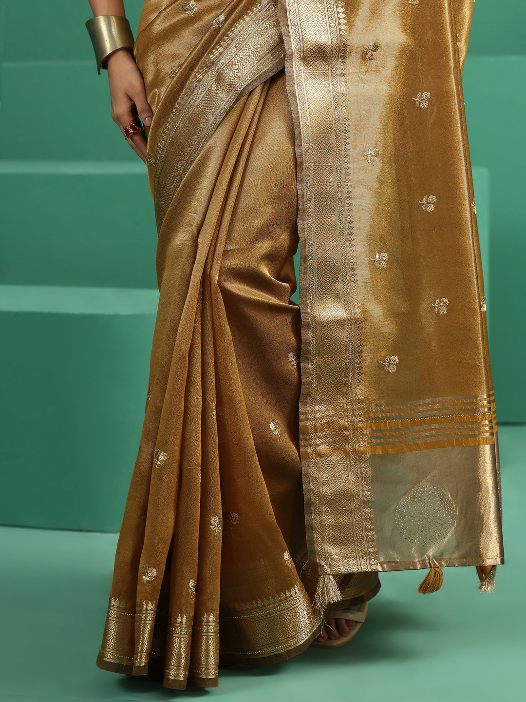  Libas Mustard Floral Embroidered Tissue Saree 