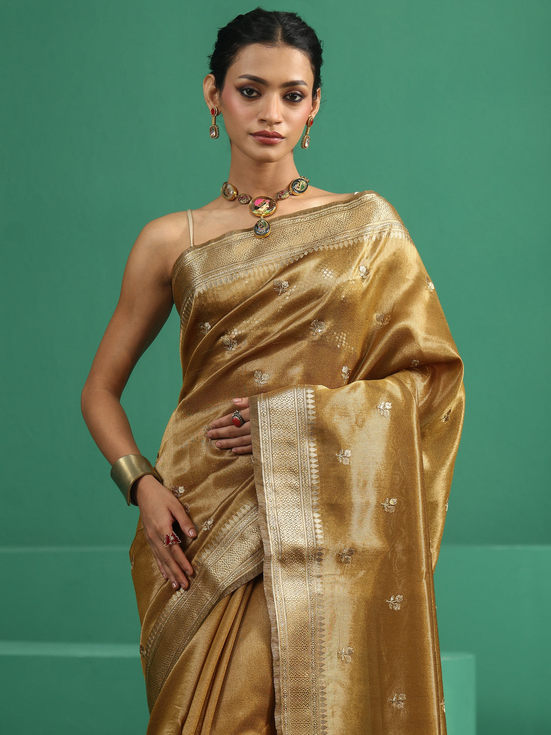  Libas Mustard Floral Embroidered Tissue Saree 