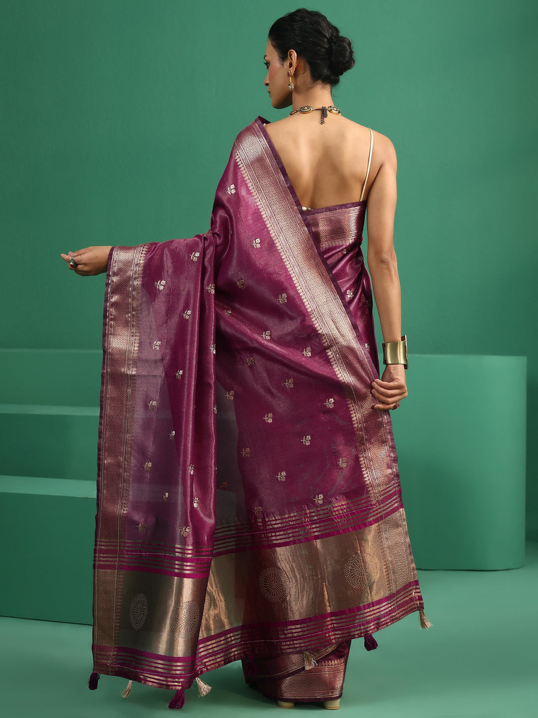  Libas Rose Pink Floral Embroidered Tissue Saree 