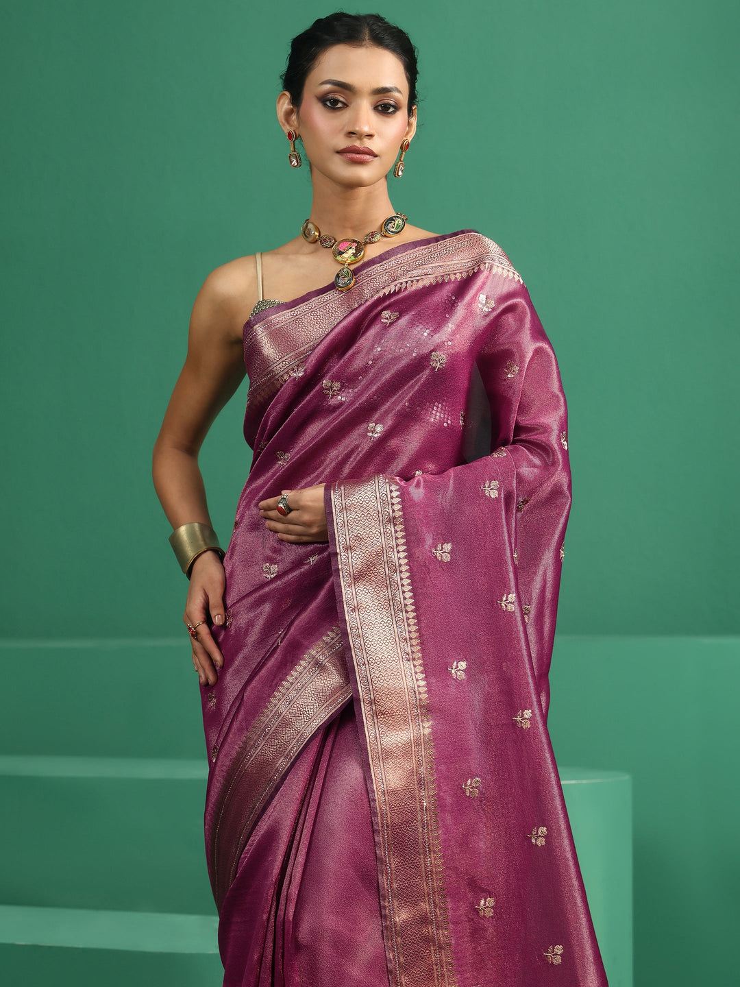  Libas Rose Pink Floral Embroidered Tissue Saree 