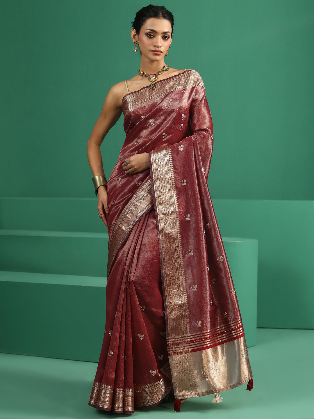  Libas Maroon Floral Embroidered Tissue Saree 