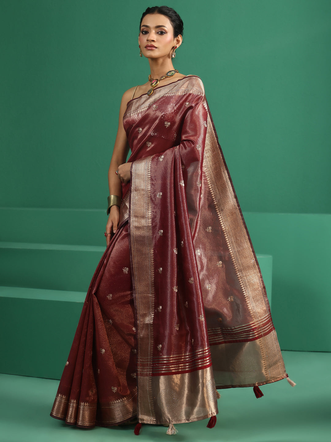  Libas Maroon Floral Embroidered Tissue Saree 
