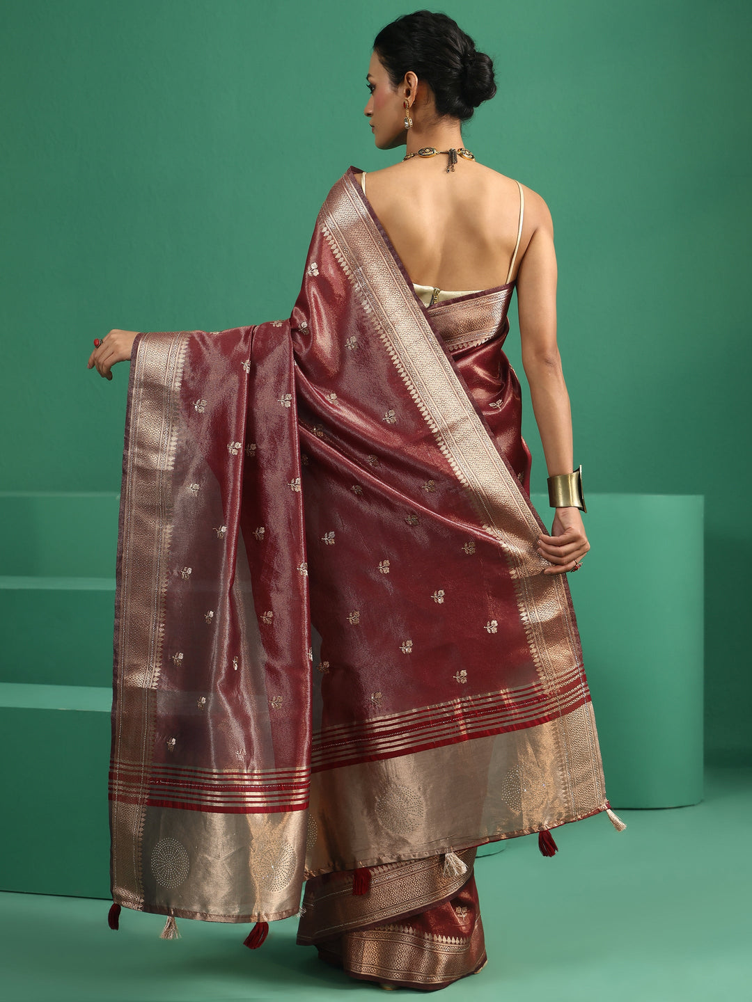  Libas Maroon Floral Embroidered Tissue Saree 