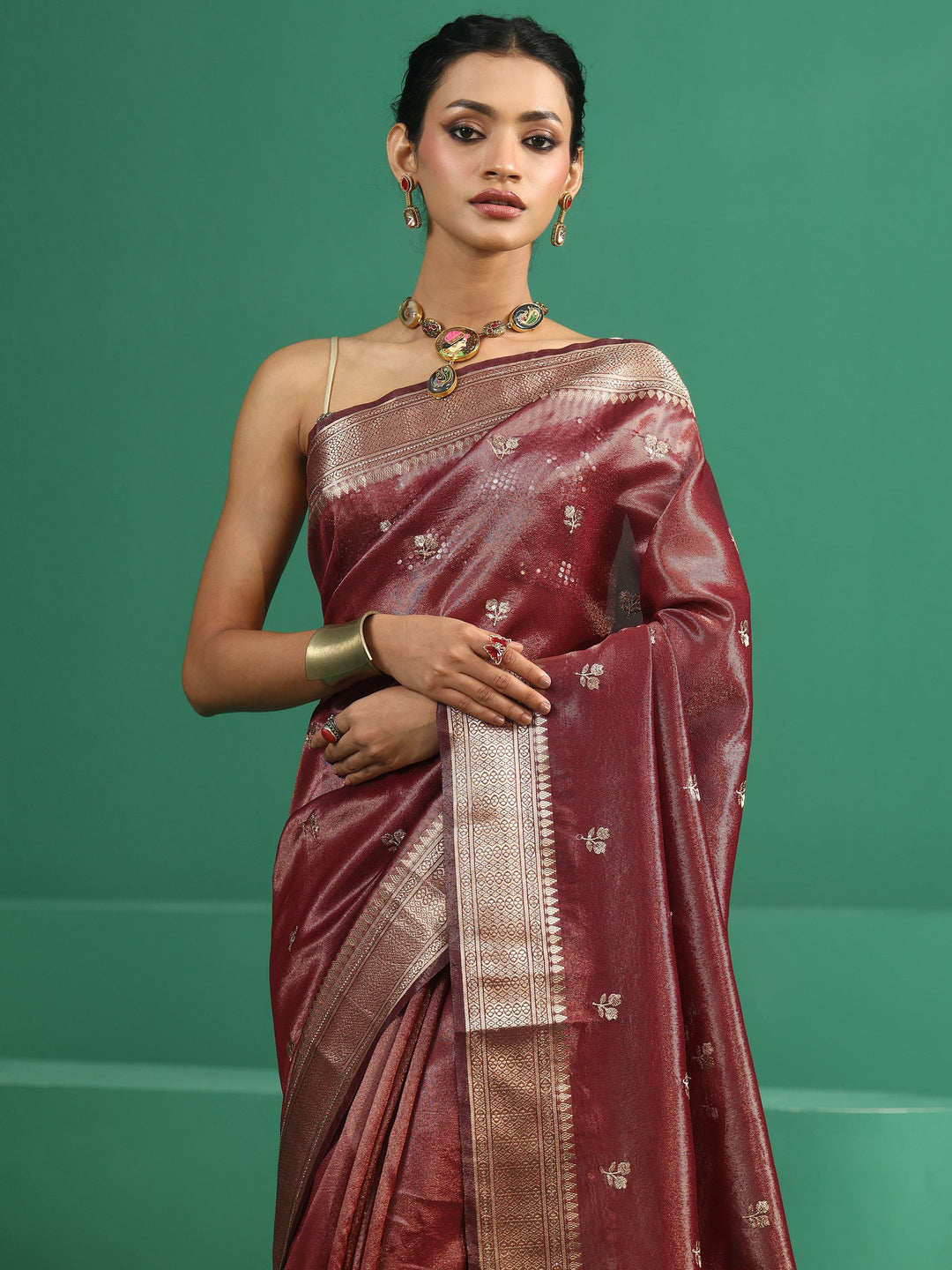  Libas Maroon Floral Embroidered Tissue Saree 
