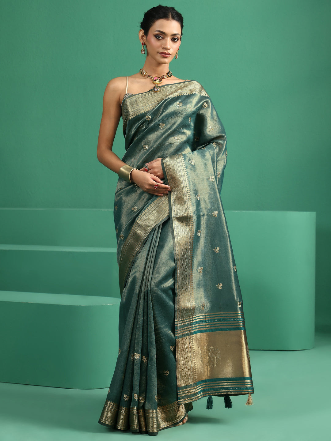  Libas Forest Green Floral Embroidered Tissue Saree 