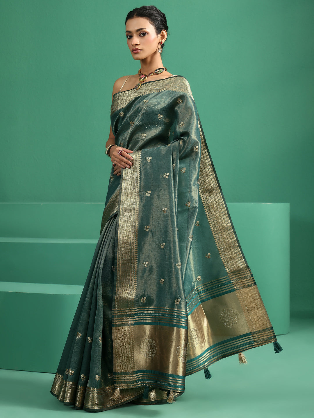  Libas Forest Green Floral Embroidered Tissue Saree 