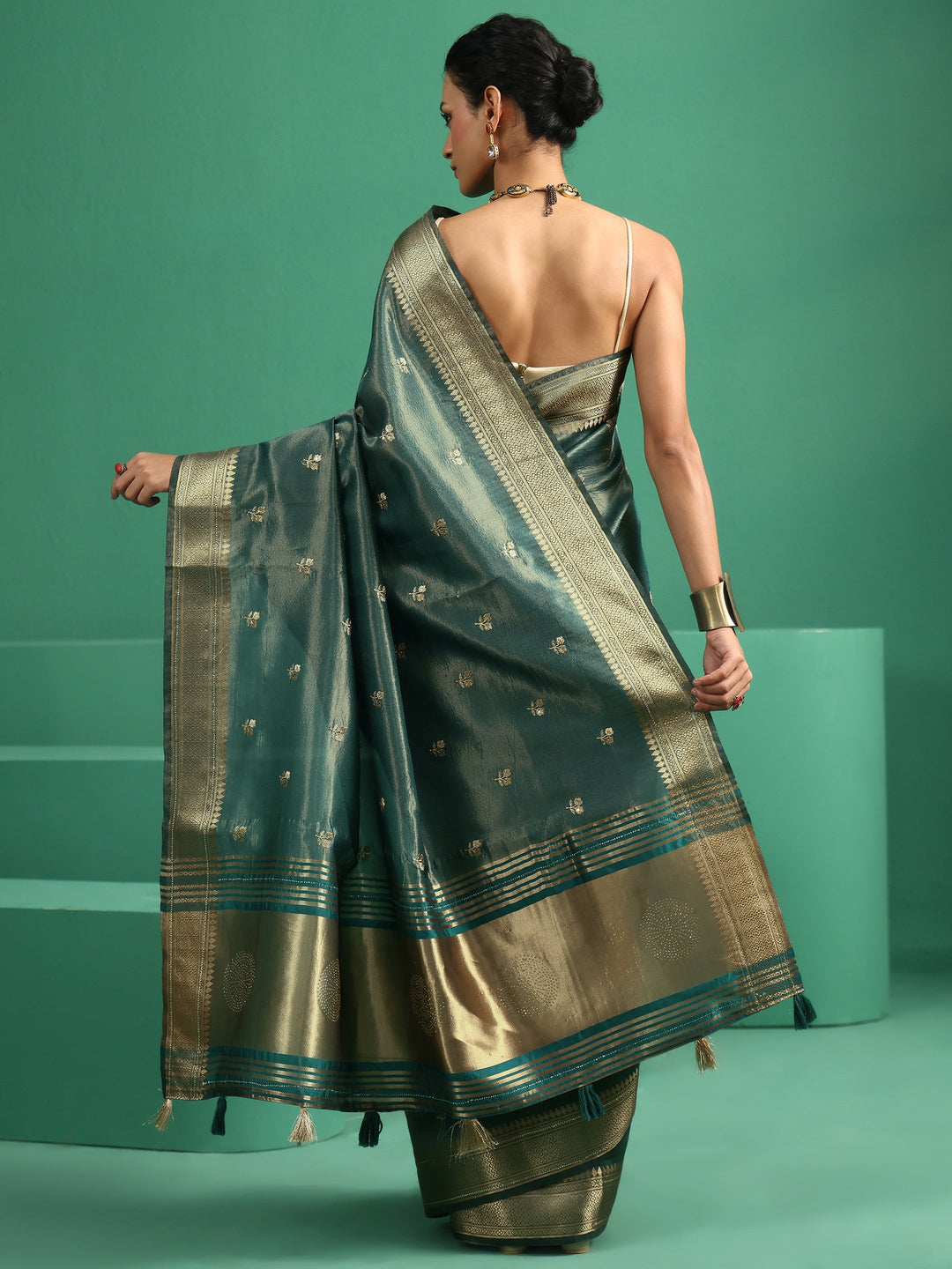  Libas Forest Green Floral Embroidered Tissue Saree 