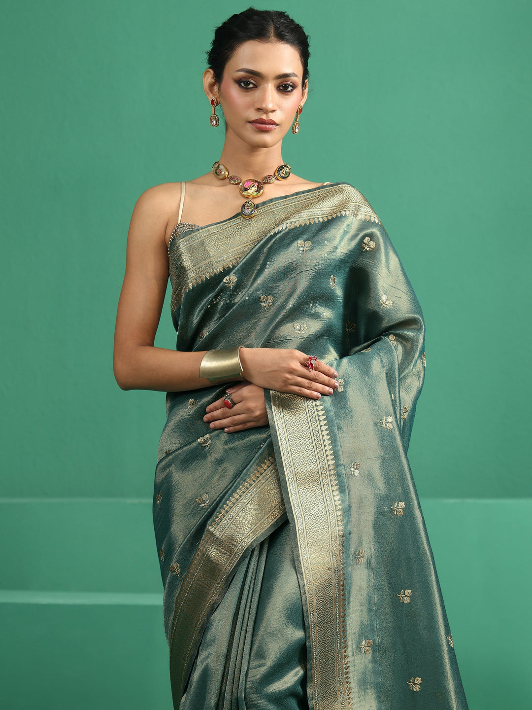  Libas Forest Green Floral Embroidered Tissue Saree 