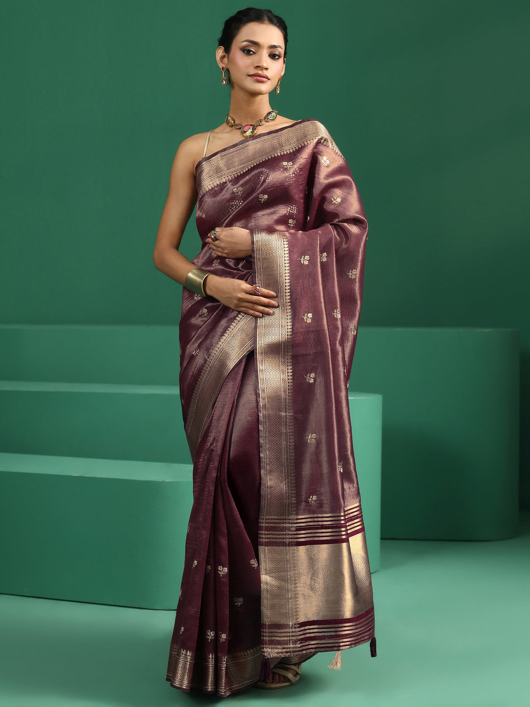  Libas Wine Purple Floral Embroidered Tissue Saree 
