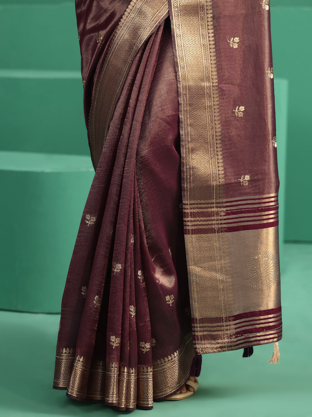  Libas Wine Purple Floral Embroidered Tissue Saree 