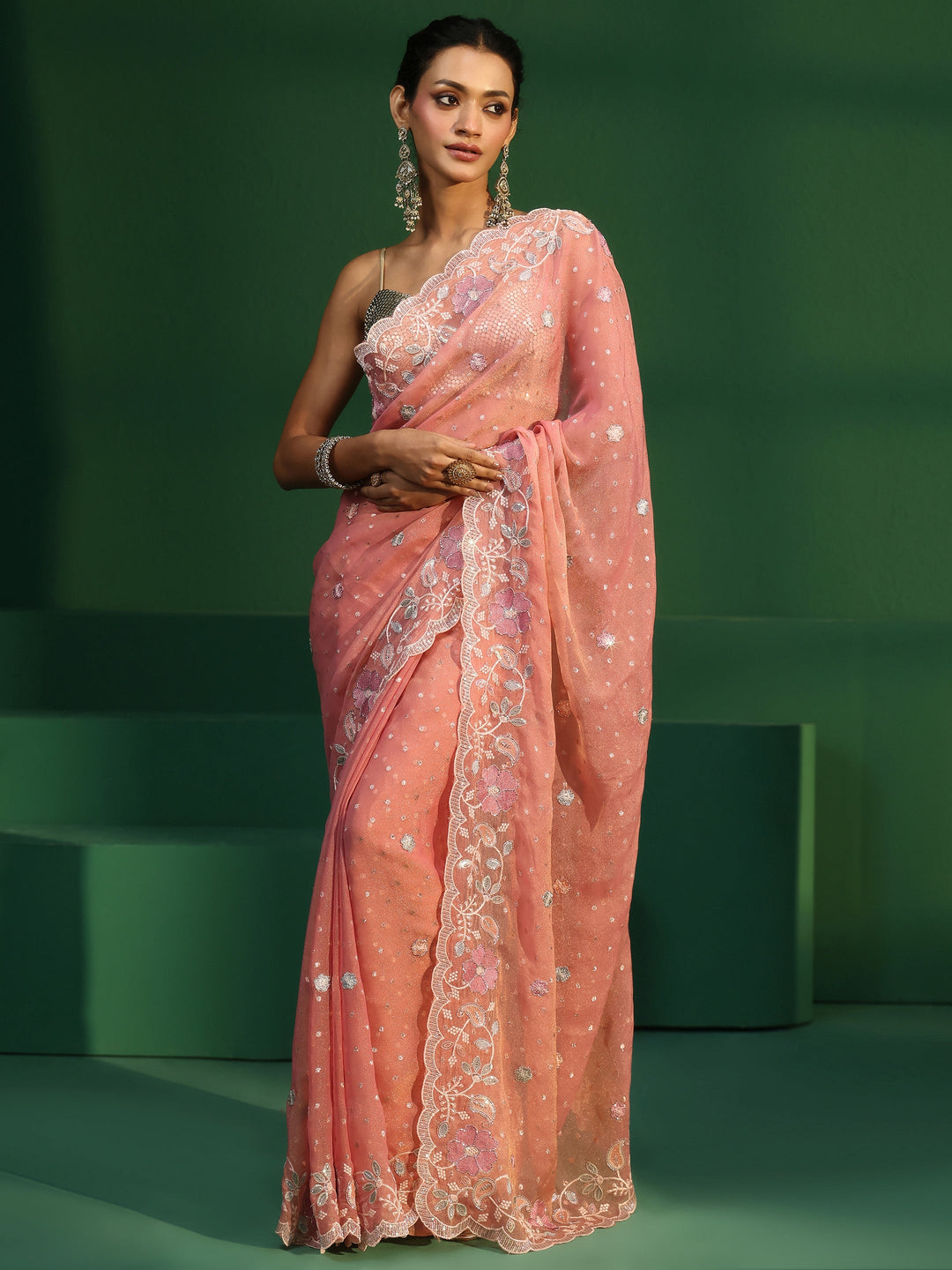 Libas Peach Embellished Tissue Saree with Floral Embroidered Border 