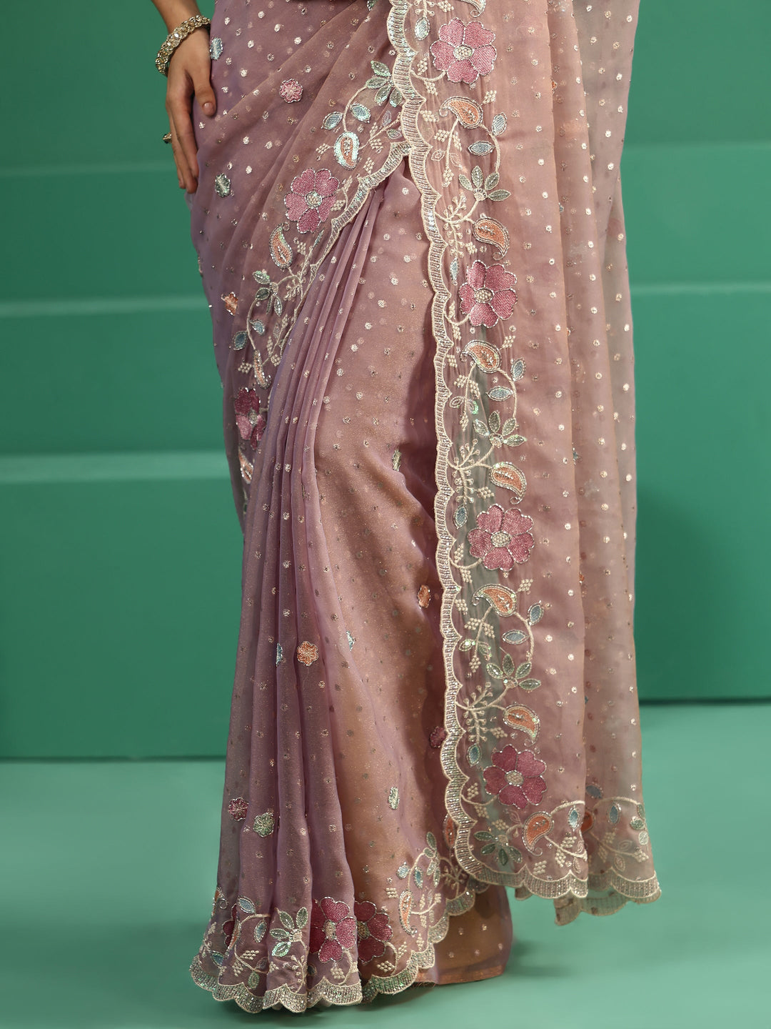  Libas Lavender Embellished Tissue Saree with Floral Embroidered Border 