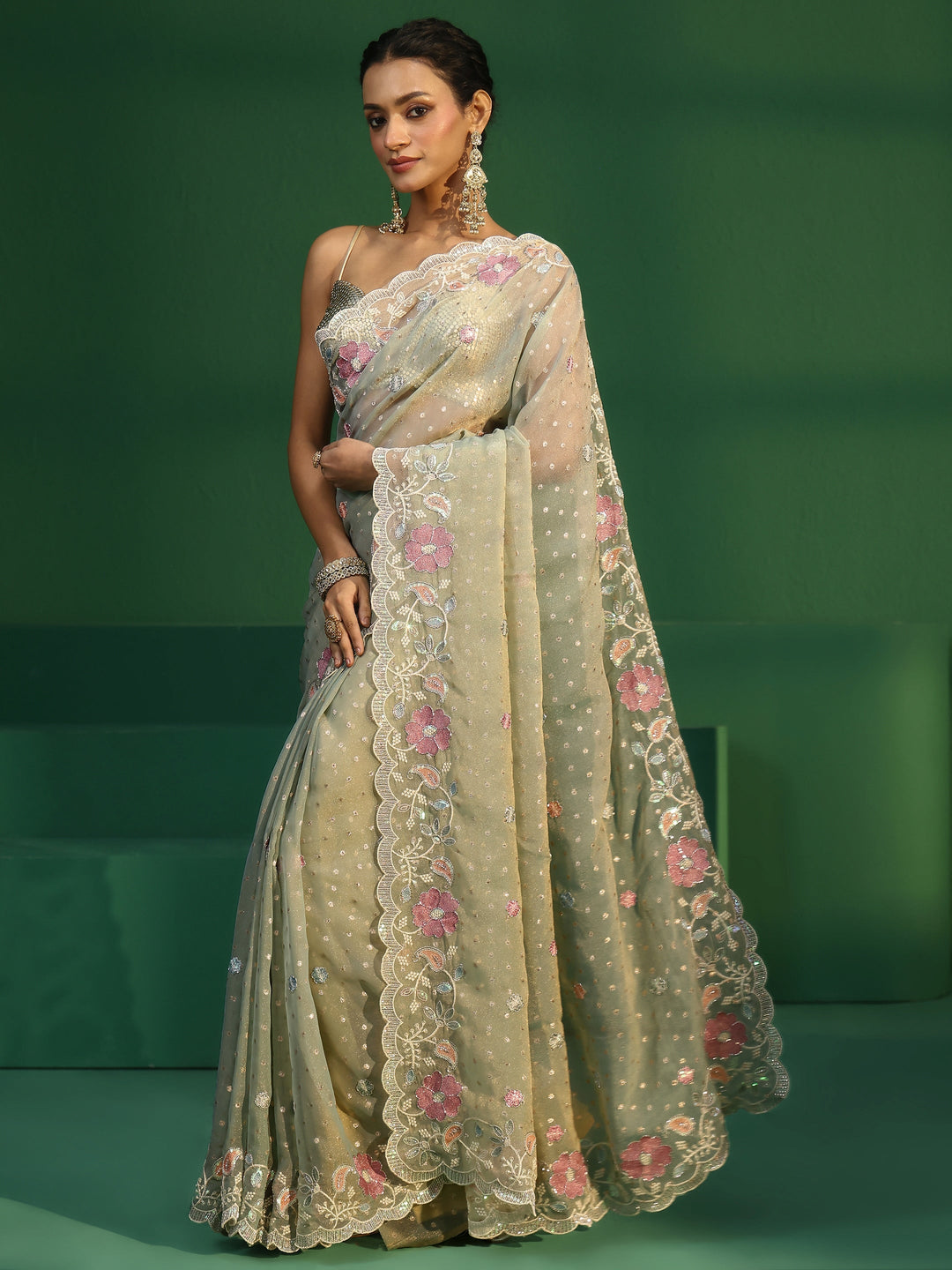  Libas Powder Blue Embellished Tissue Saree with Floral Embroidered Border 