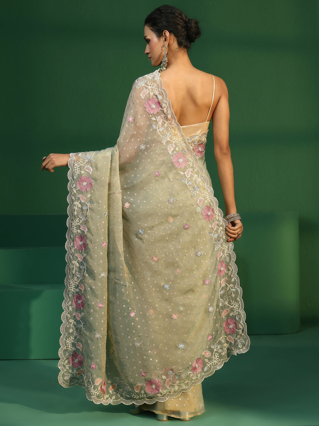  Libas Powder Blue Embellished Tissue Saree with Floral Embroidered Border 