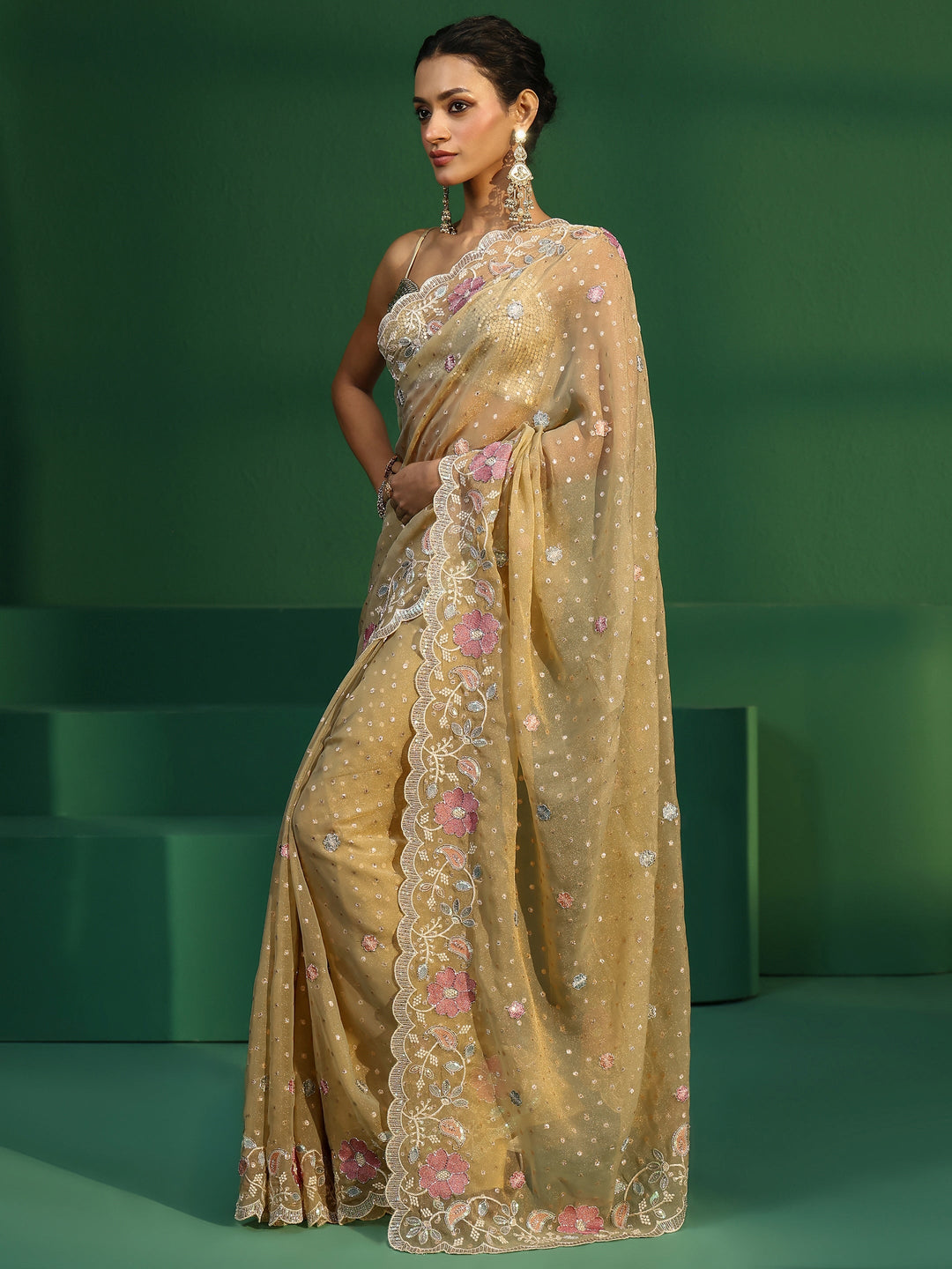  Libas Green Embellished Tissue Saree with Floral Embroidered Border 
