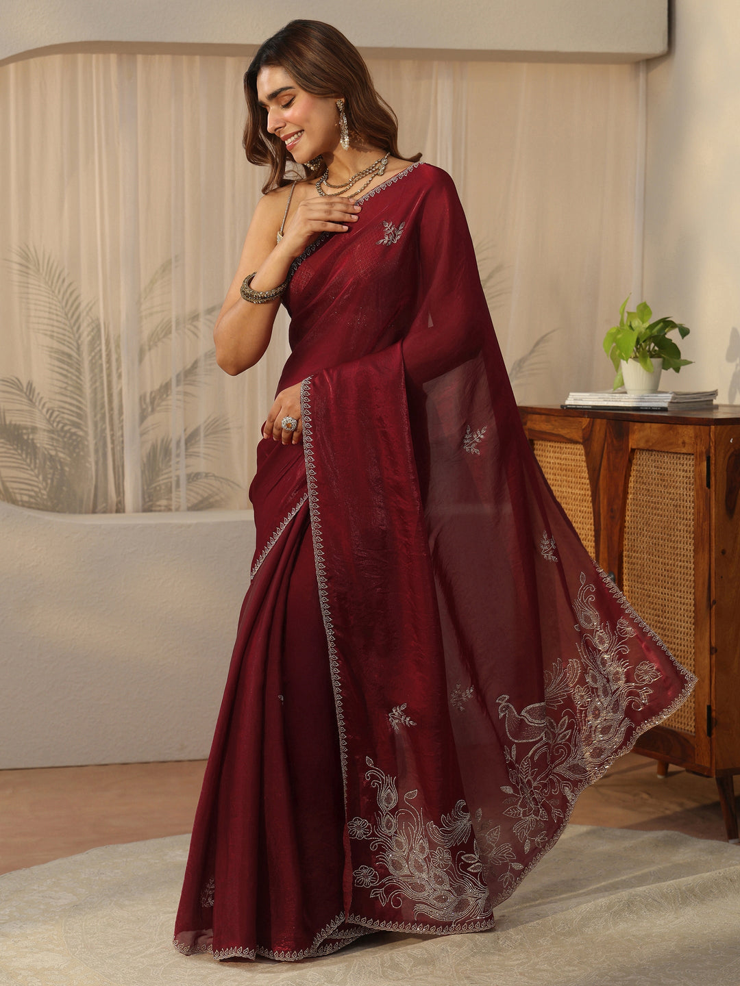  Libas Maroon Floral Embellished Tissue Saree 