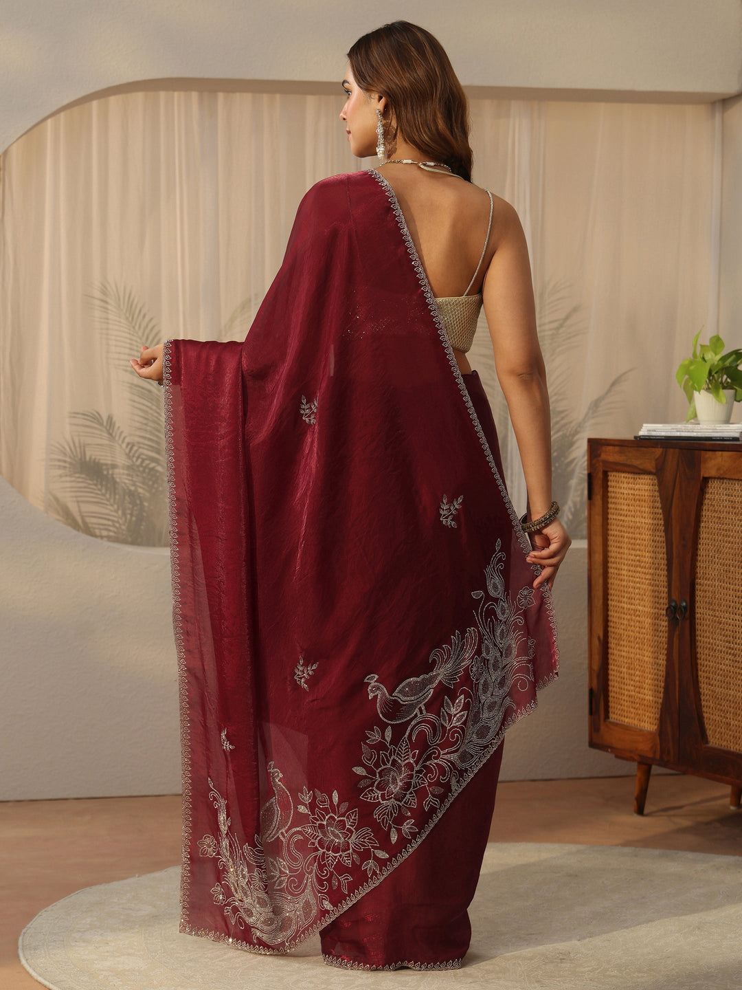  Libas Maroon Floral Embellished Tissue Saree 