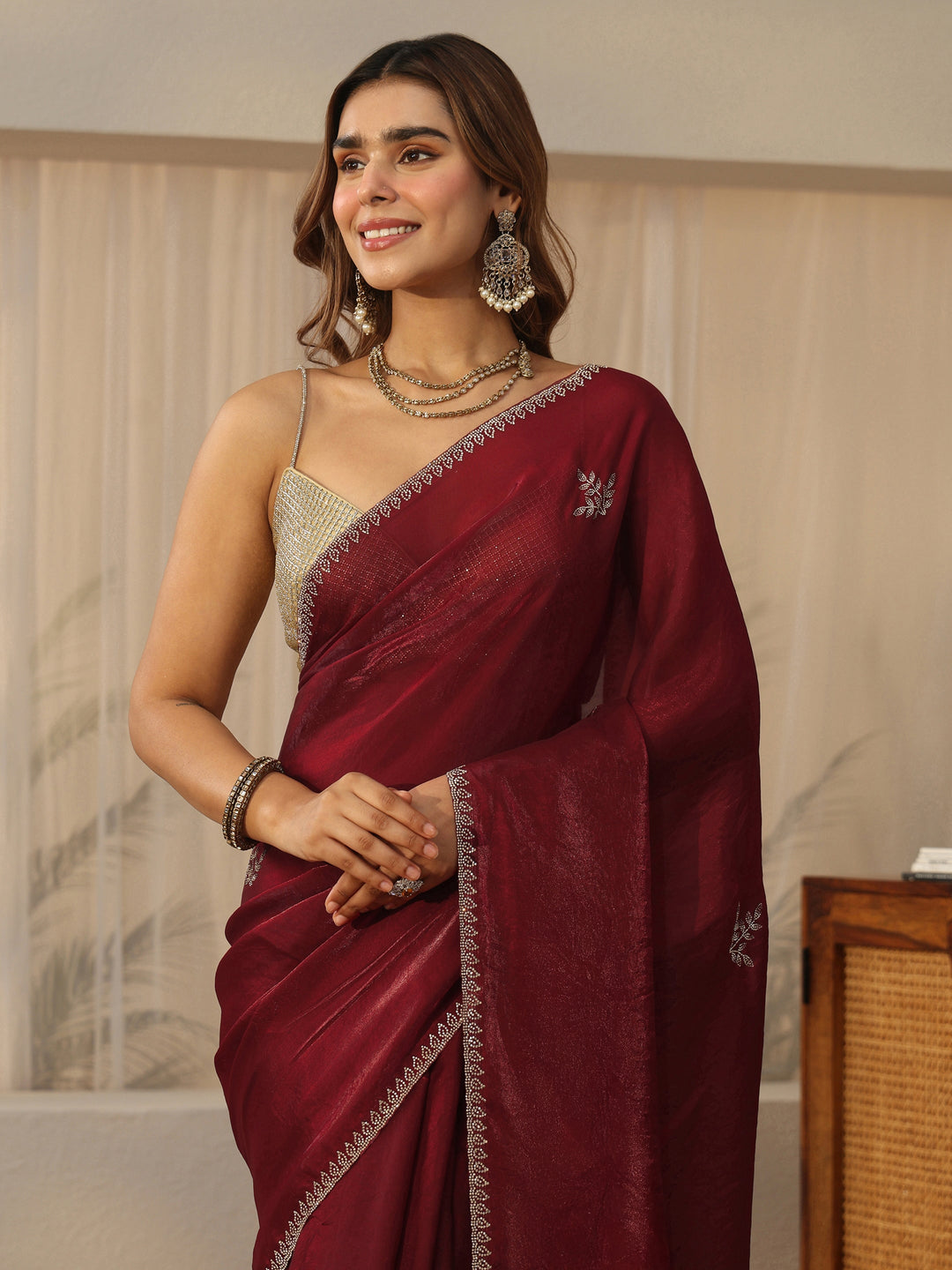  Libas Maroon Floral Embellished Tissue Saree 