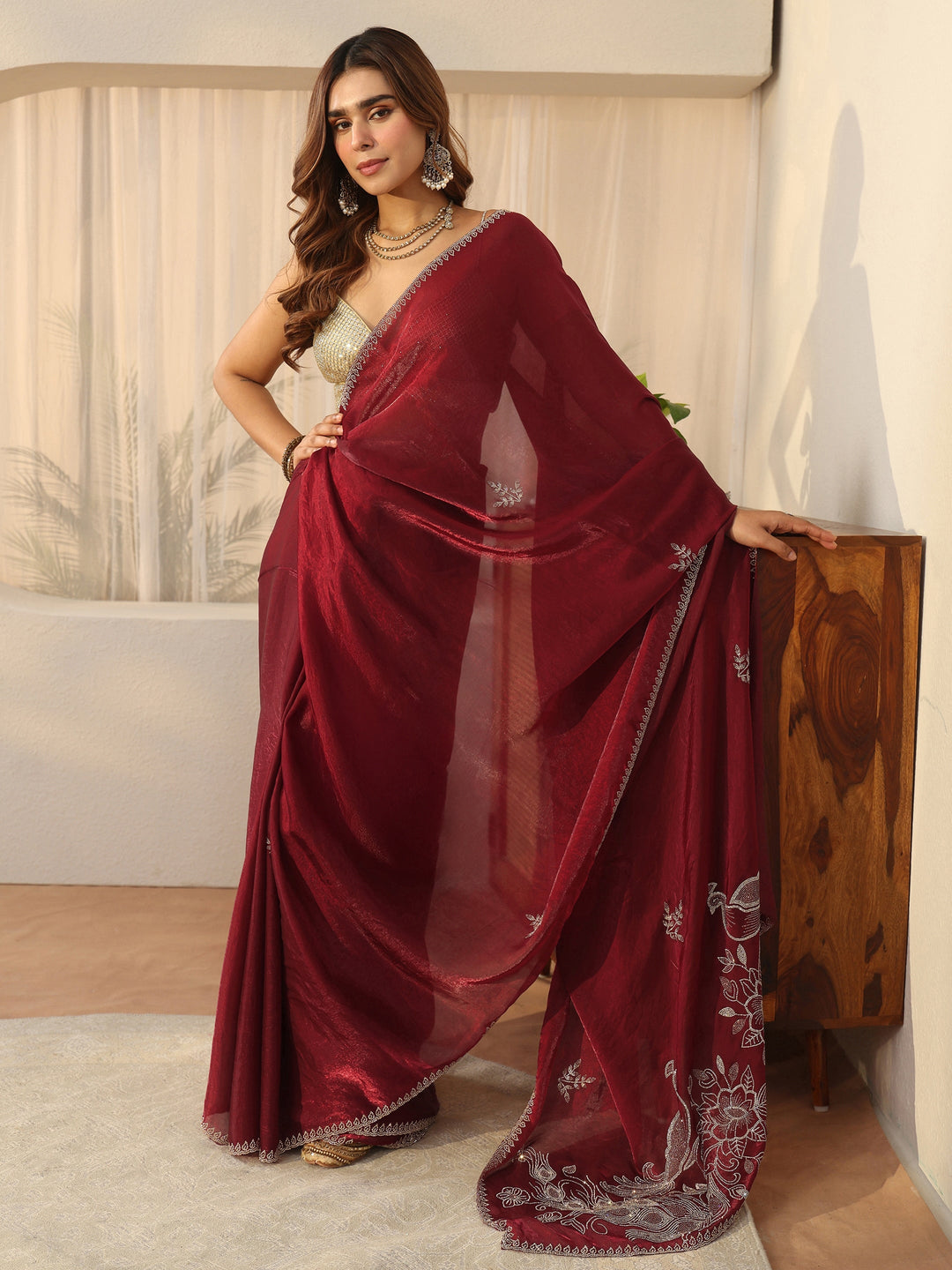  Libas Maroon Floral Embellished Tissue Saree 