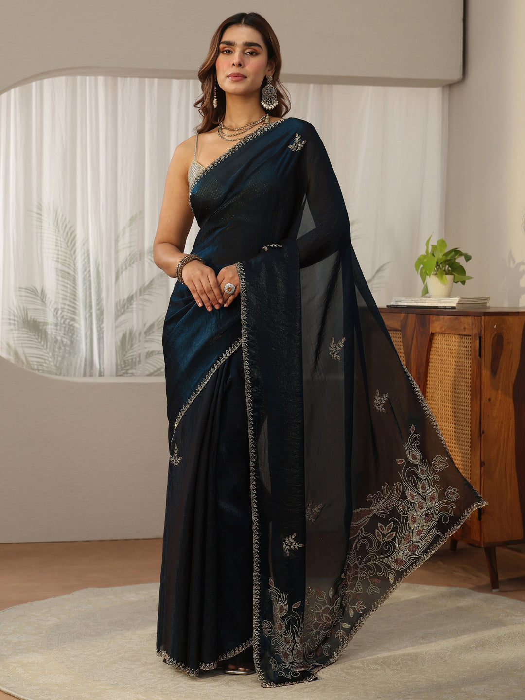  Libas Teal Blue Floral Embellished Tissue Saree 