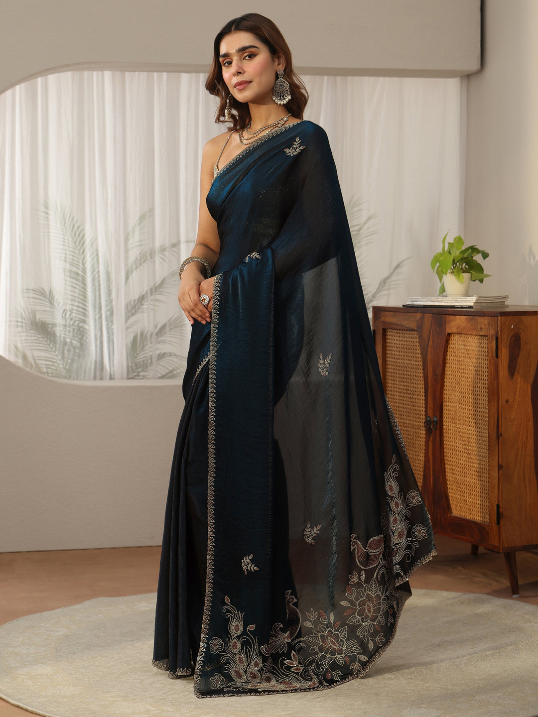  Libas Teal Blue Floral Embellished Tissue Saree 