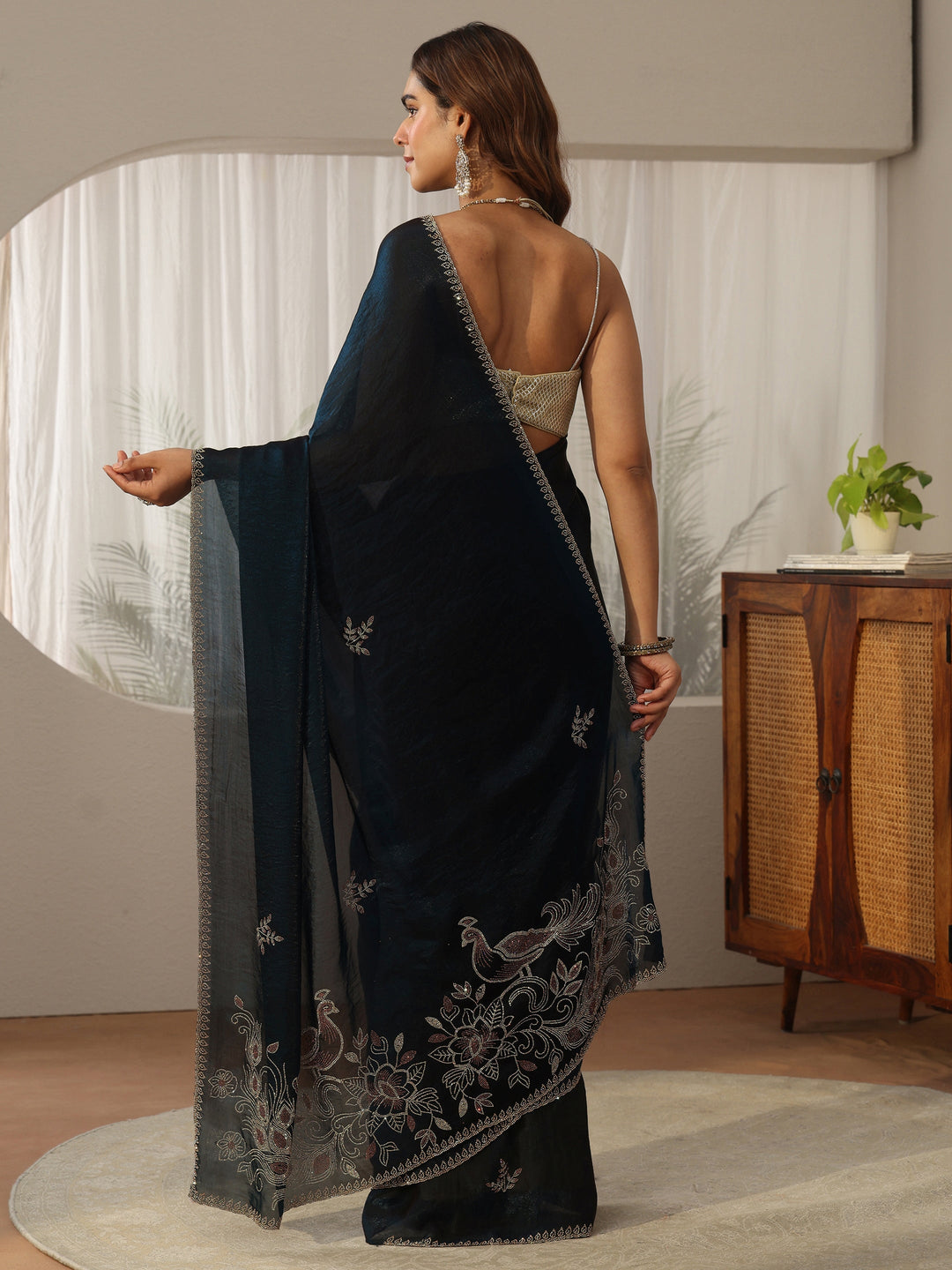 Libas Teal Blue Floral Embellished Tissue Saree 
