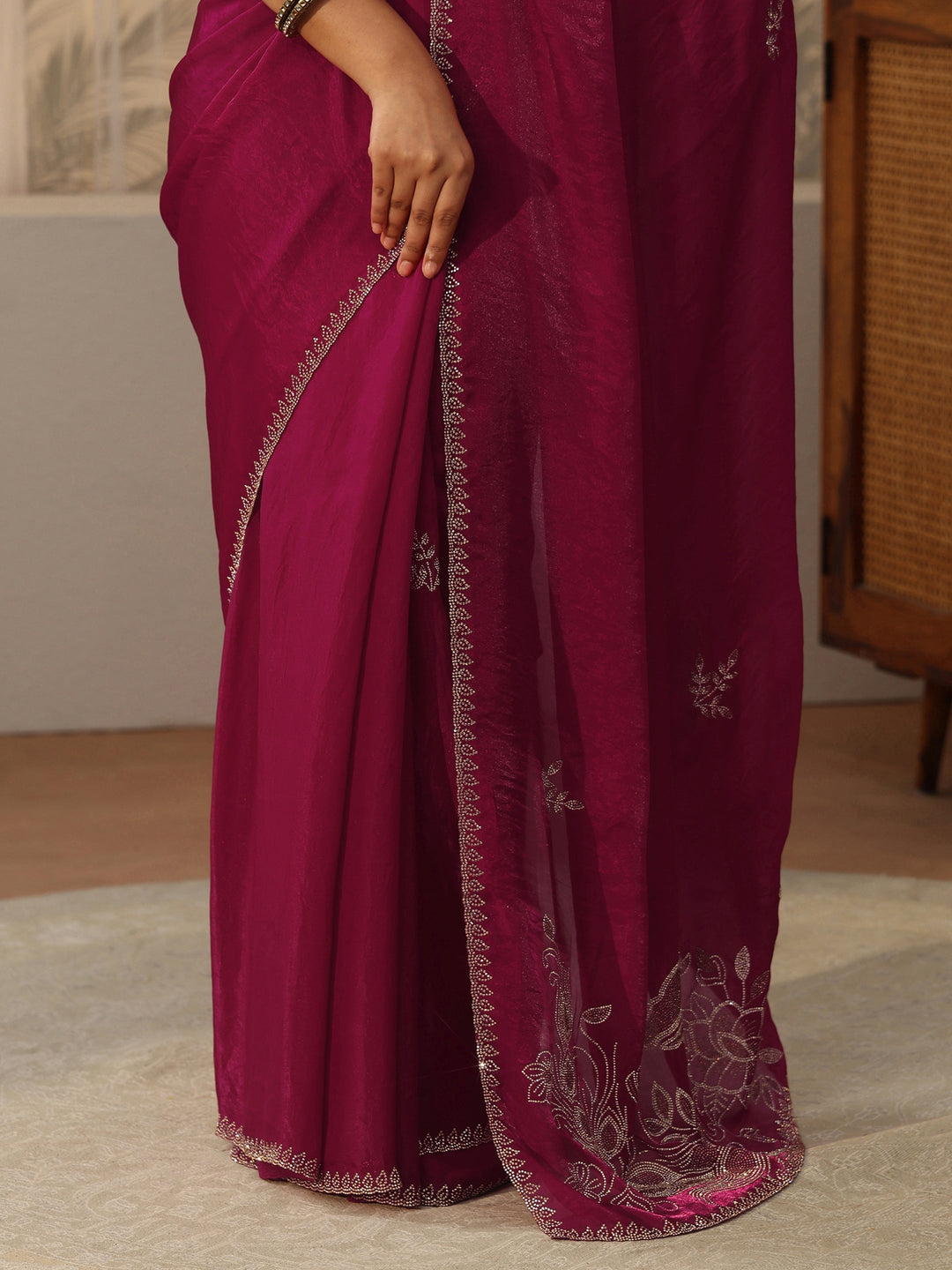  Libas Pink Floral Embellished Tissue Saree 