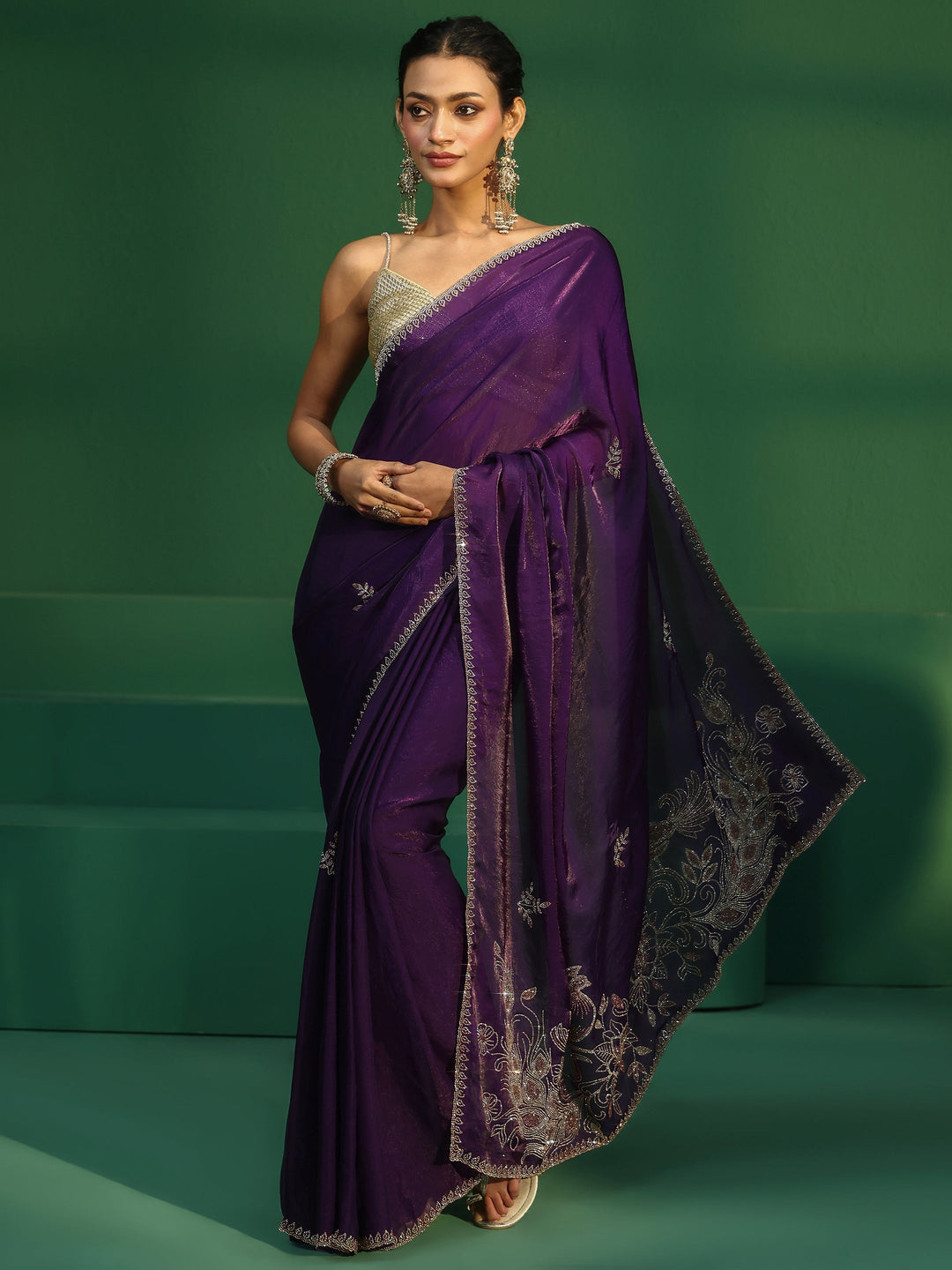  Libas Regal Purple Tissue Saree with Embellished Pallu 