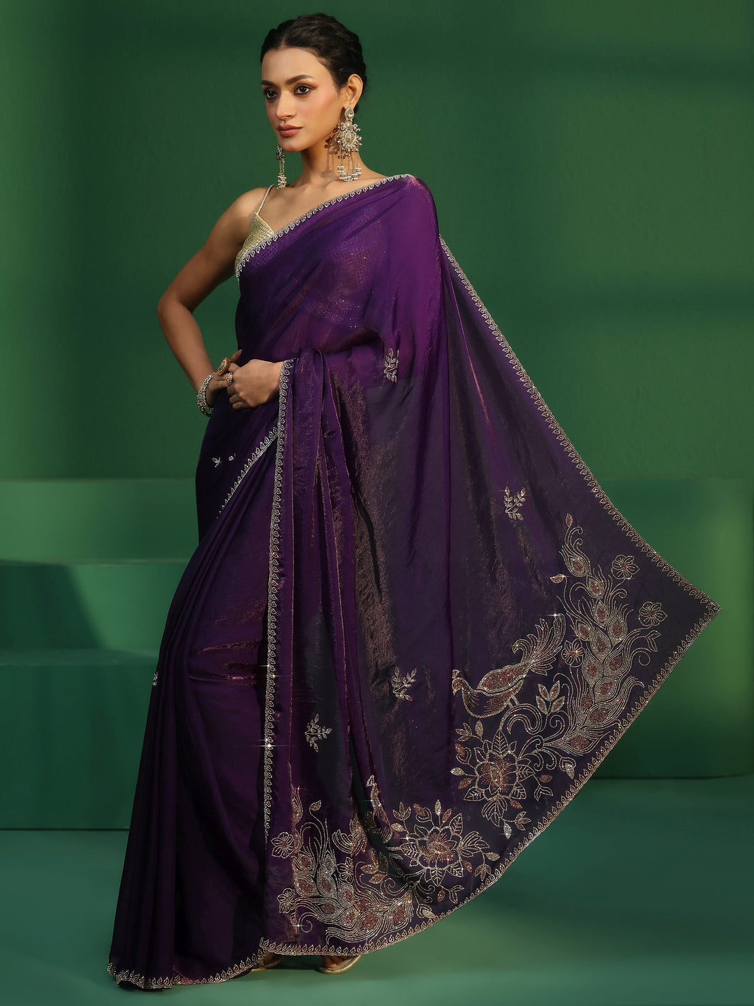  Libas Regal Purple Tissue Saree with Embellished Pallu 