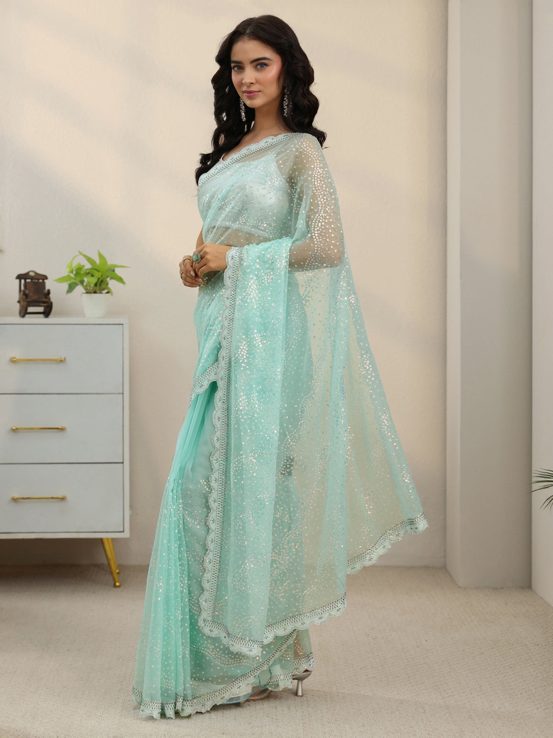  Libas Sky Blue Embellished Chiffon Saree with Scalloped Border 