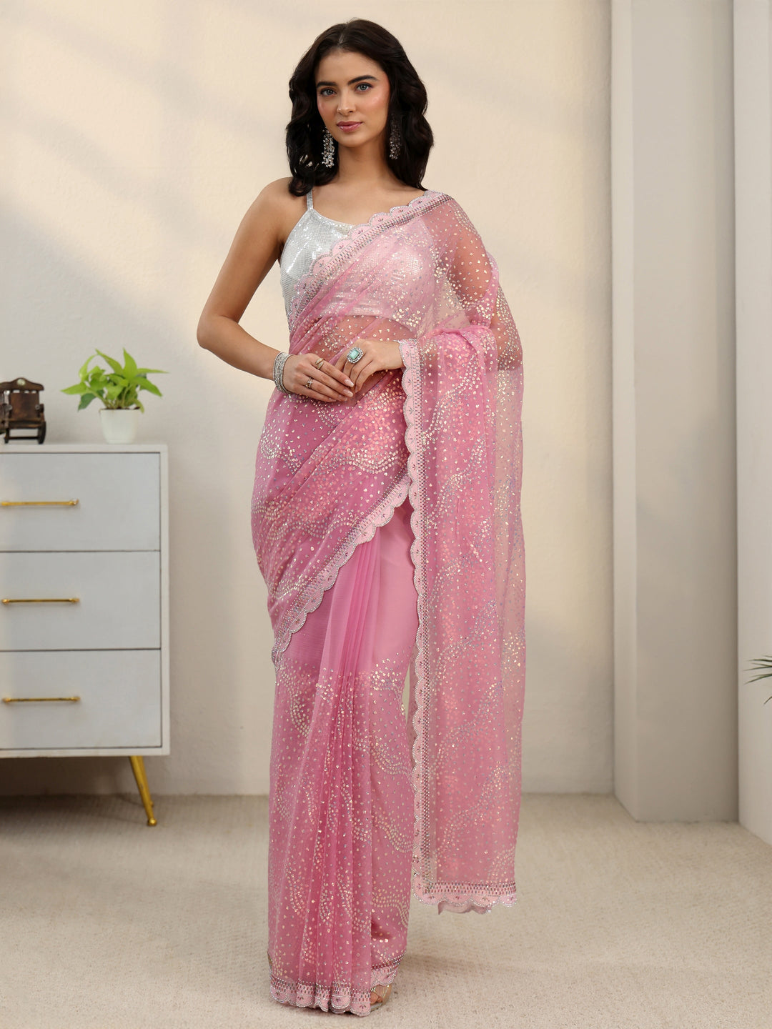  Libas Baby Pink Embellished Chiffon Saree with Scalloped Border 