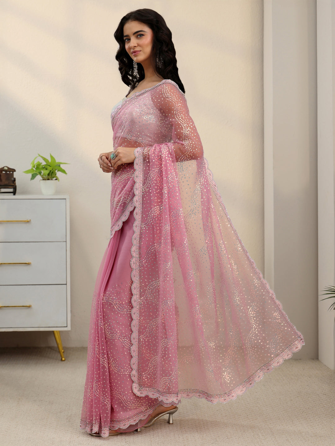  Libas Baby Pink Embellished Chiffon Saree with Scalloped Border 