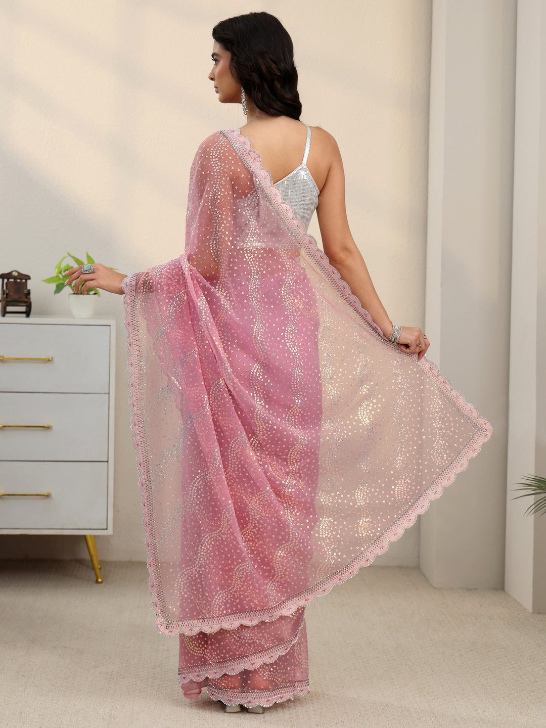  Libas Baby Pink Embellished Chiffon Saree with Scalloped Border 