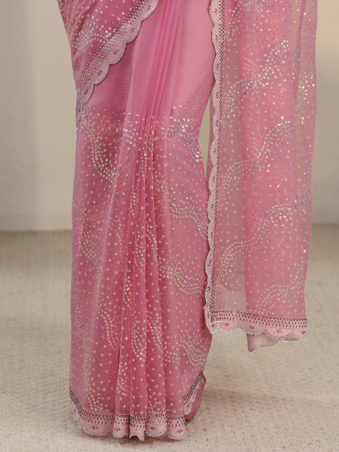  Libas Baby Pink Embellished Chiffon Saree with Scalloped Border 